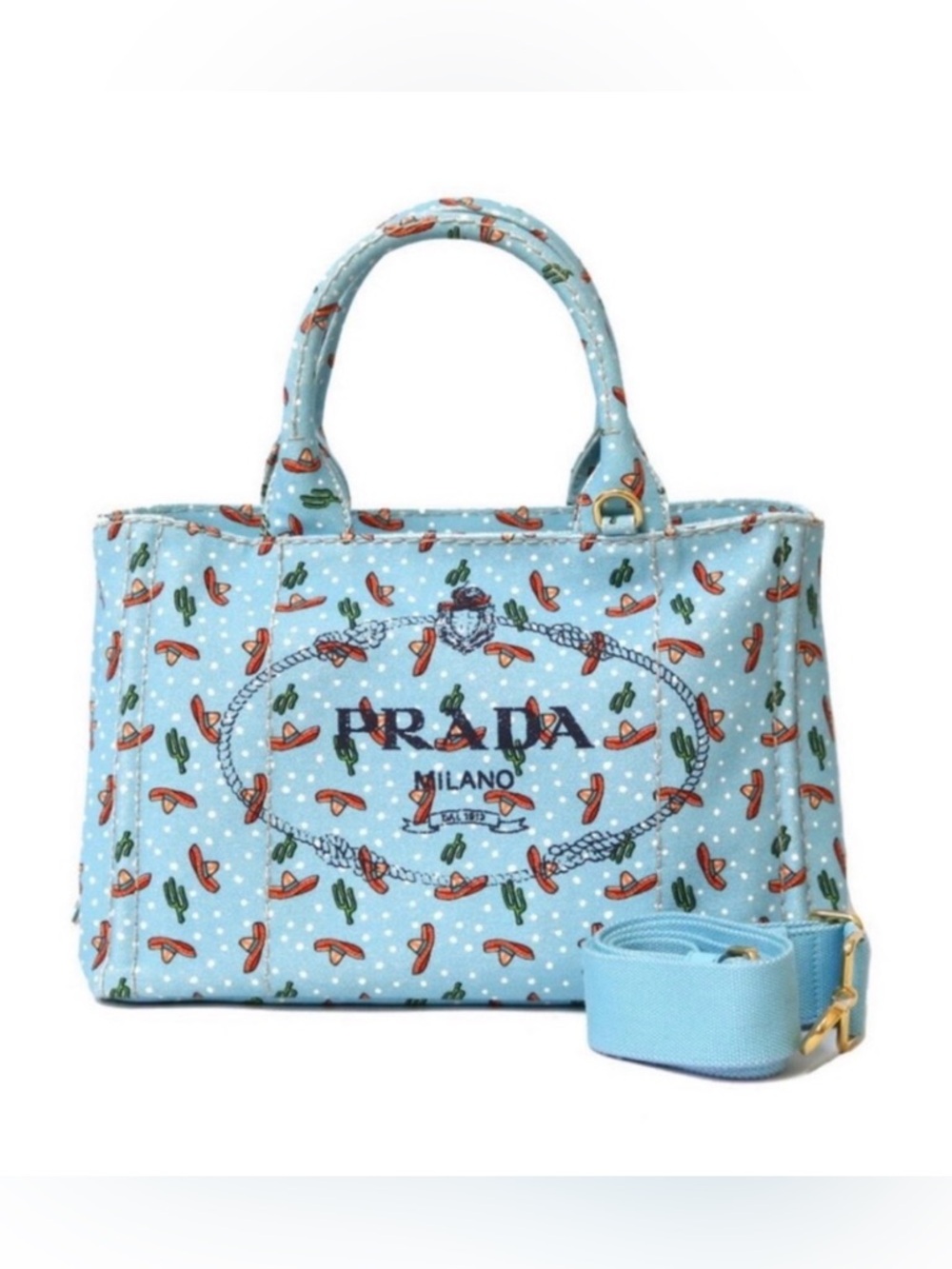 Authentic PRADA 11x8 Light Blue Sombrero Cactus Print Rare Canapa Tote Bag Purse